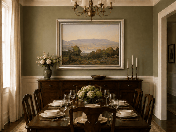 Framed hand-painted dusk lake oil painting with distant mountains and wooded hills displayed above a formal dining table.
