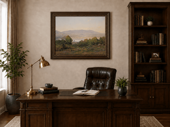 Framed hand-painted dusk lake oil painting with distant mountains and wooded hills displayed above a traditional home office desk.
