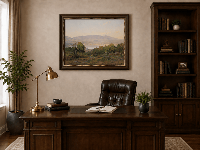 Framed hand-painted dusk lake oil painting with distant mountains and wooded hills displayed above a traditional home office desk.