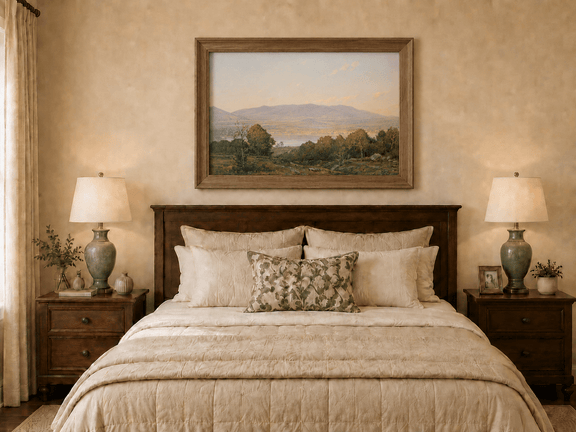 Framed hand-painted dusk lake oil painting with distant mountains and wooded hills displayed above a wooden bed in a neutral bedroom.