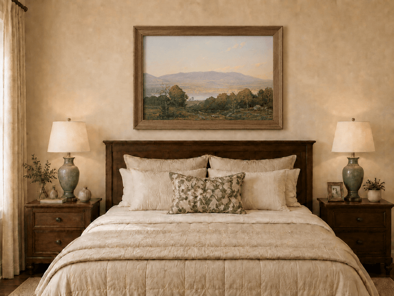 Framed hand-painted dusk lake oil painting with distant mountains and wooded hills displayed above a wooden bed in a neutral bedroom.