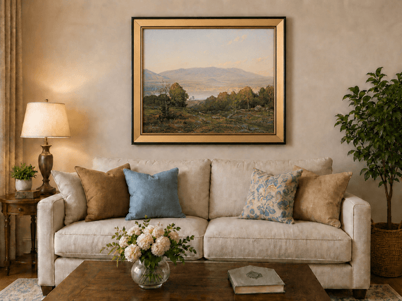Framed hand-painted dusk lake oil painting with distant mountains and wooded hills displayed above a neutral living room sofa.