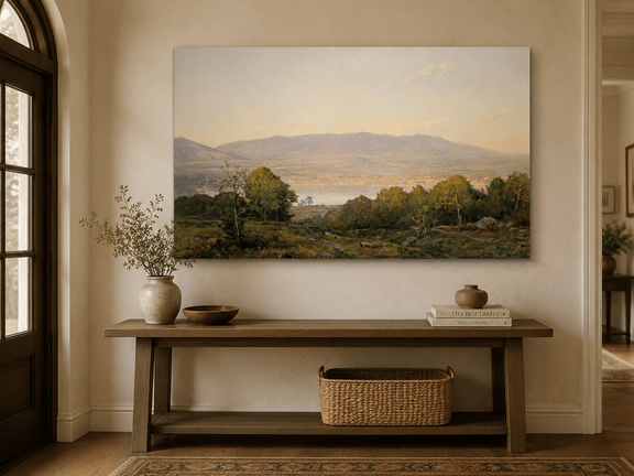Unframed hand-painted dusk lake oil painting with distant mountains and wooded hills displayed above an entryway console table.