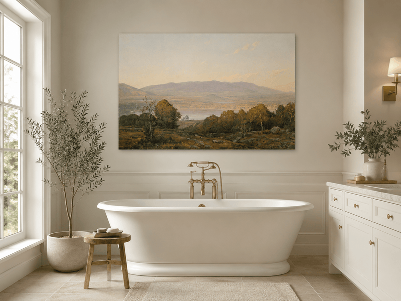 Unframed hand-painted dusk lake oil painting with distant mountains and wooded hills displayed above a freestanding bathtub.