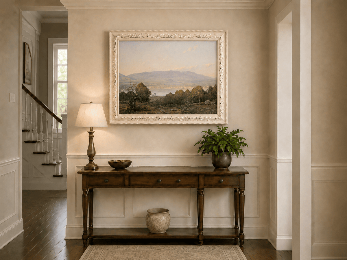 Framed hand-painted dusk lake oil painting with distant mountains and wooded hills displayed above an entryway console table.