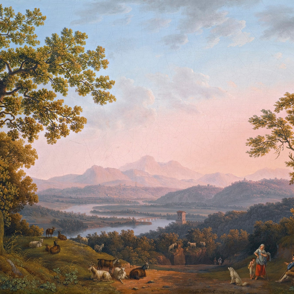 Landscape Oil Painting - Dusk - Hued Vistas, Herders, Flock & Lake - Mountain - Oil Painting Haven