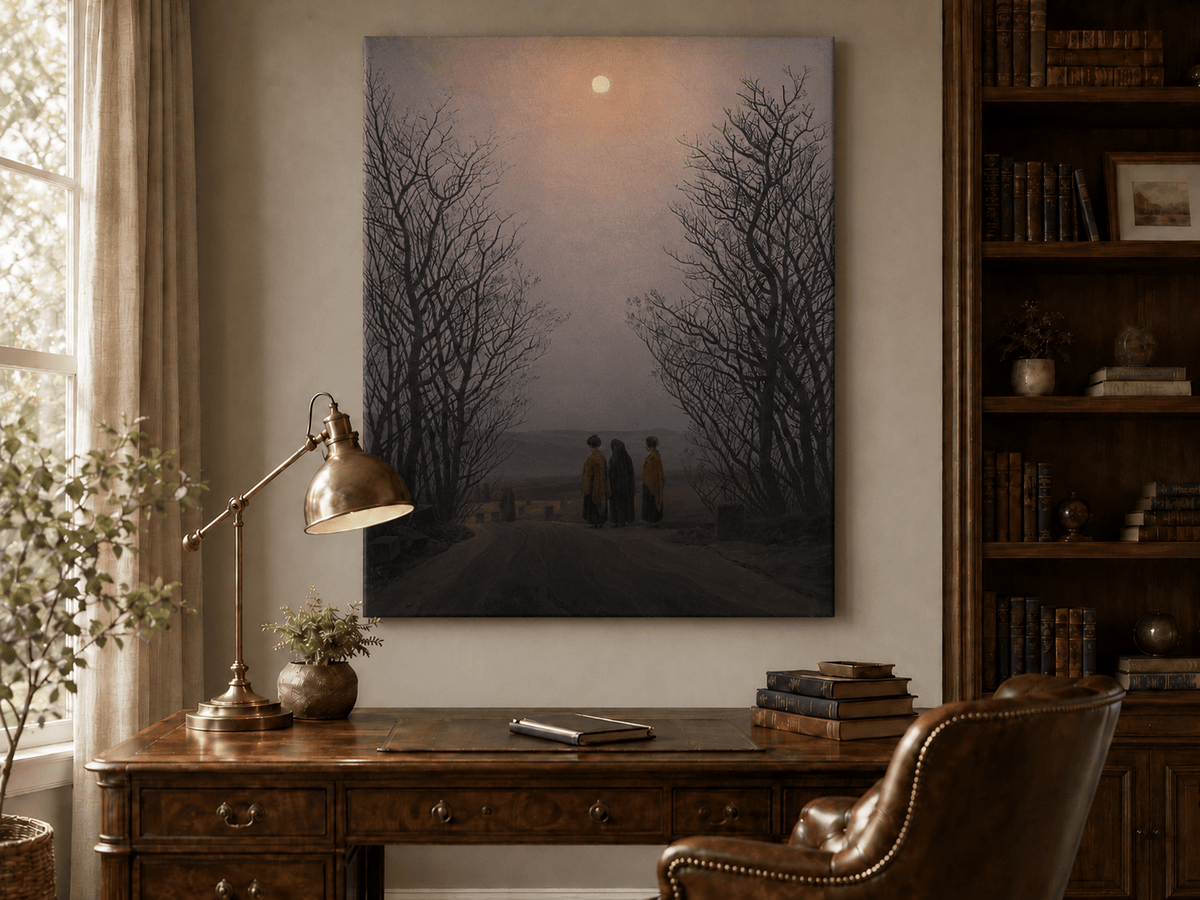 Landscape Oil Painting - Dusk Moonlit Rural Path Three Figures