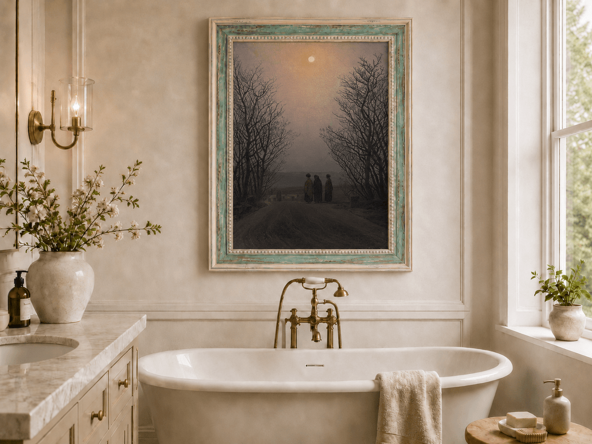 Landscape Oil Painting - Dusk Moonlit Rural Path Three Figures