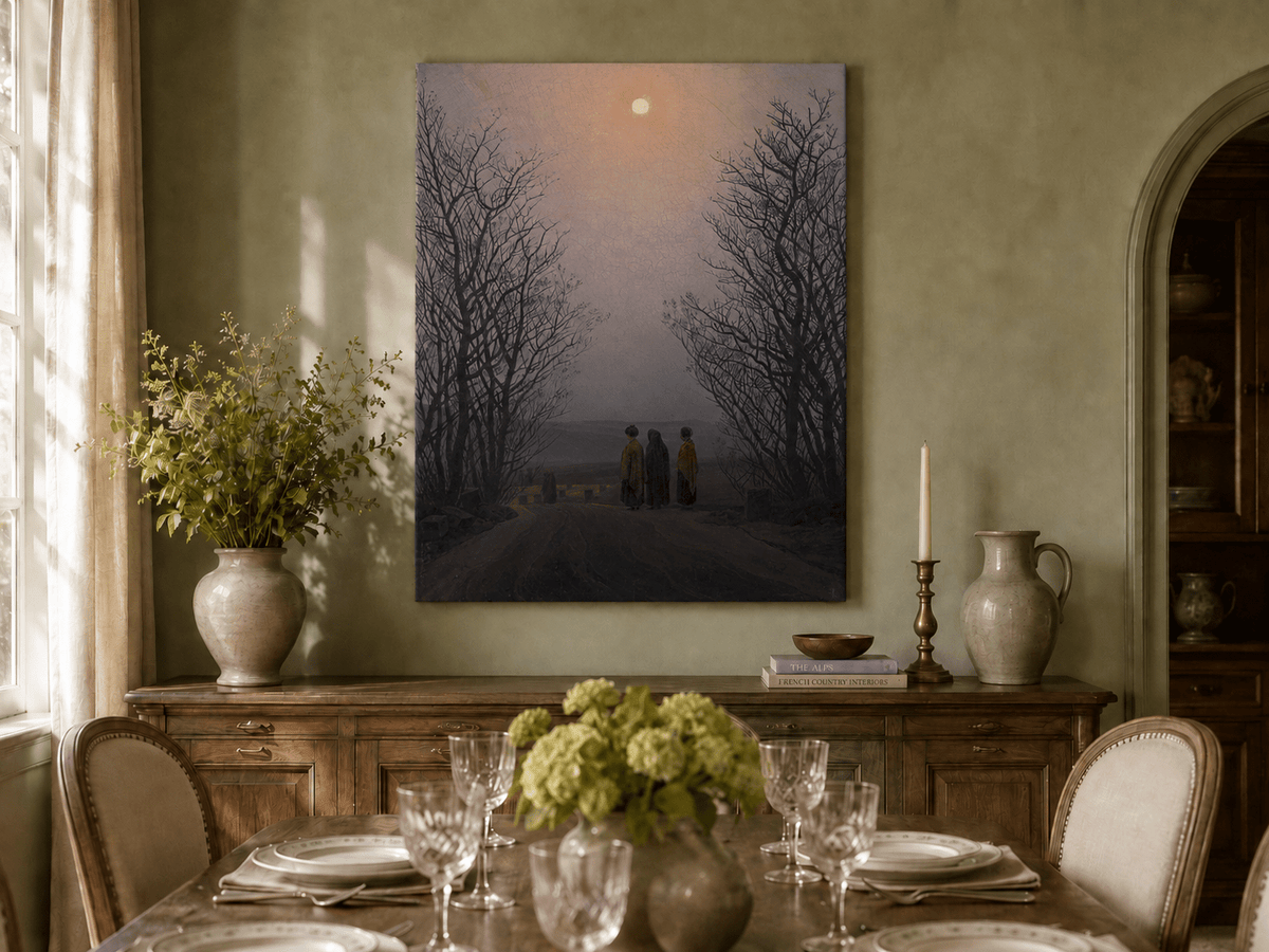 Landscape Oil Painting - Dusk Moonlit Rural Path Three Figures