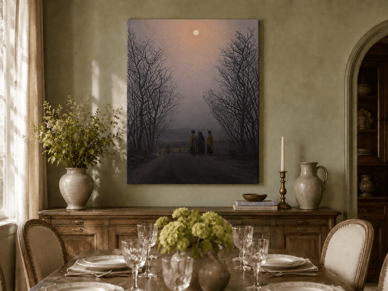 Landscape Oil Painting - Dusk Moonlit Rural Path Three Figures
