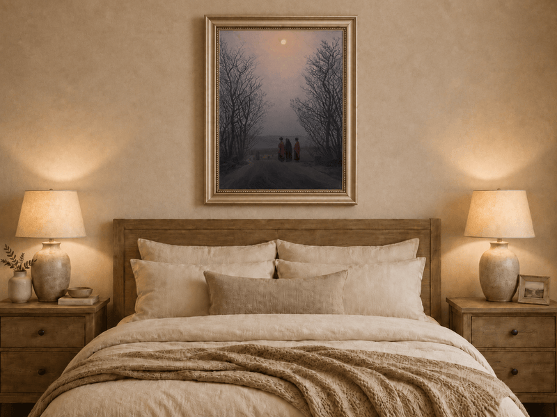 Landscape Oil Painting - Dusk Moonlit Rural Path Three Figures