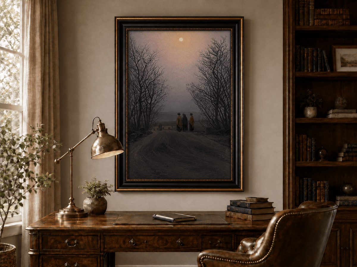 Landscape Oil Painting - Dusk Moonlit Rural Path Three Figures