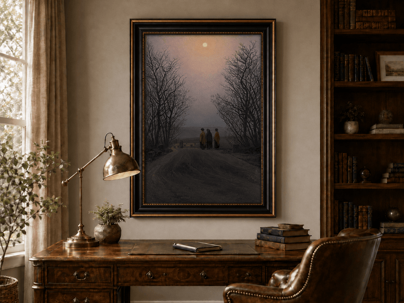 Landscape Oil Painting - Dusk Moonlit Rural Path Three Figures