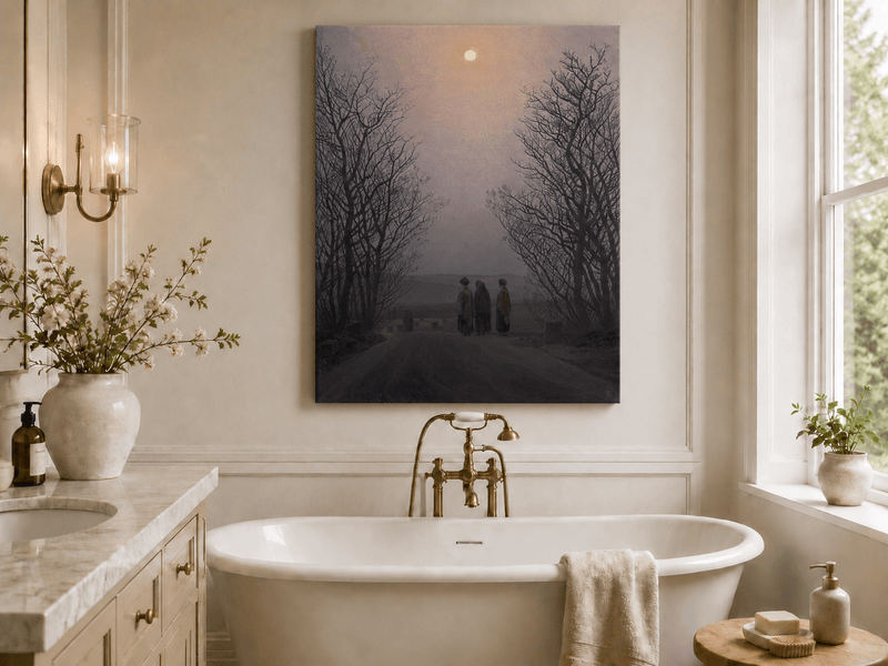 Landscape Oil Painting - Dusk Moonlit Rural Path Three Figures