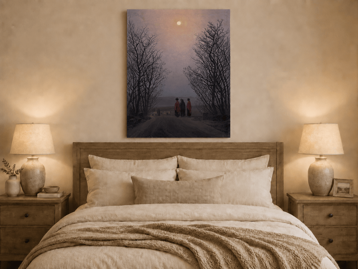 Landscape Oil Painting - Dusk Moonlit Rural Path Three Figures