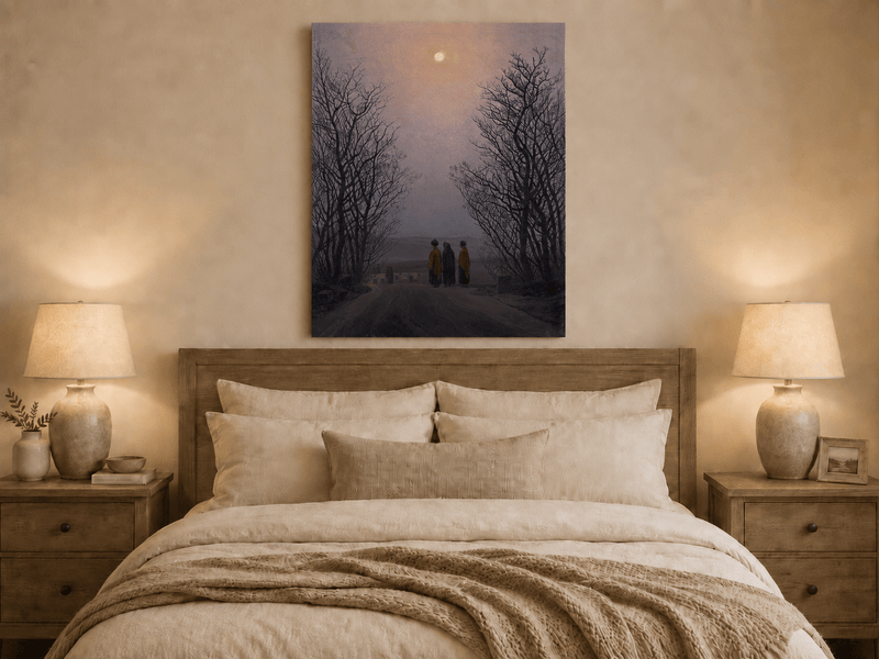 Landscape Oil Painting - Dusk Moonlit Rural Path Three Figures