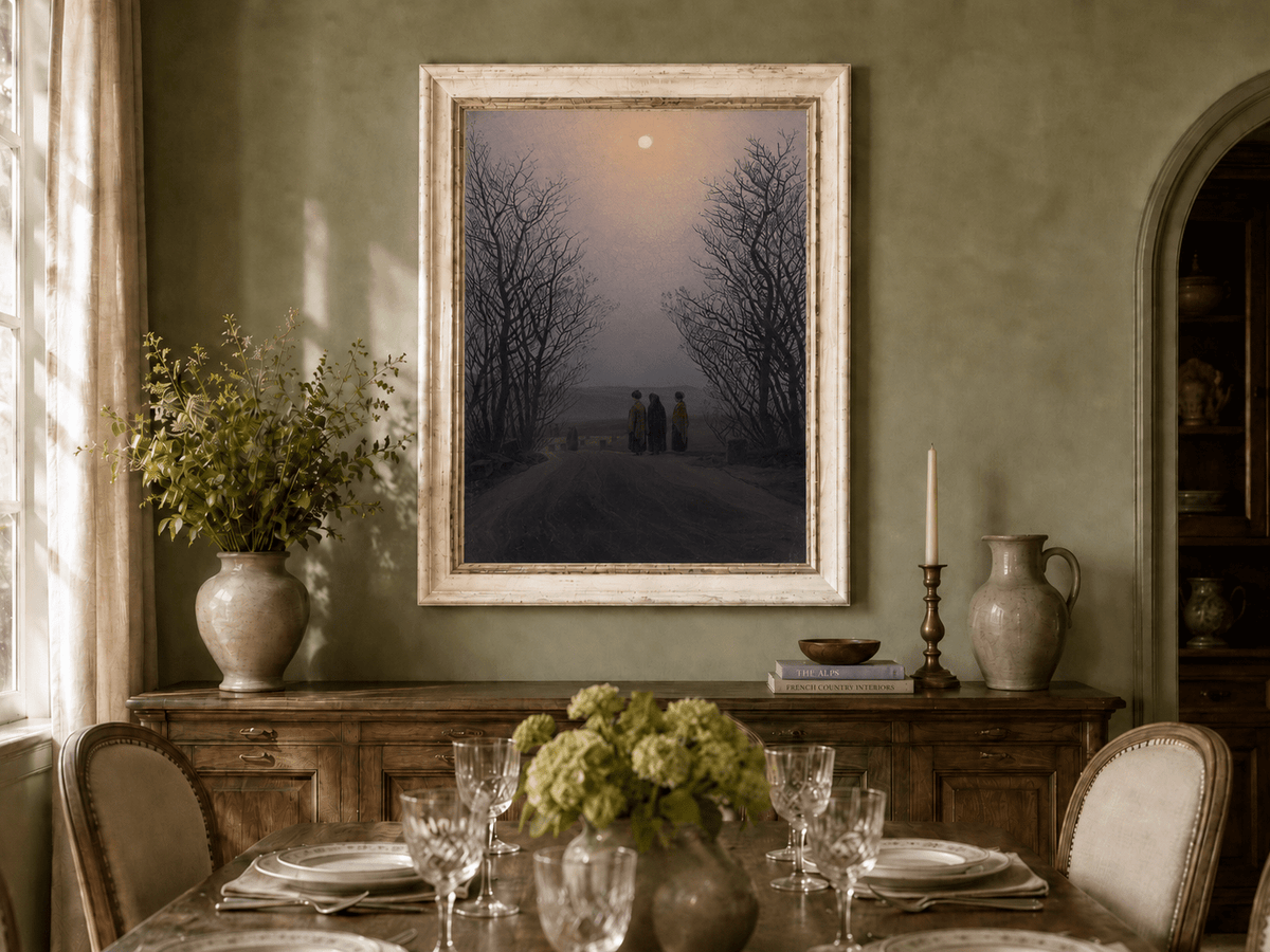 Landscape Oil Painting - Dusk Moonlit Rural Path Three Figures