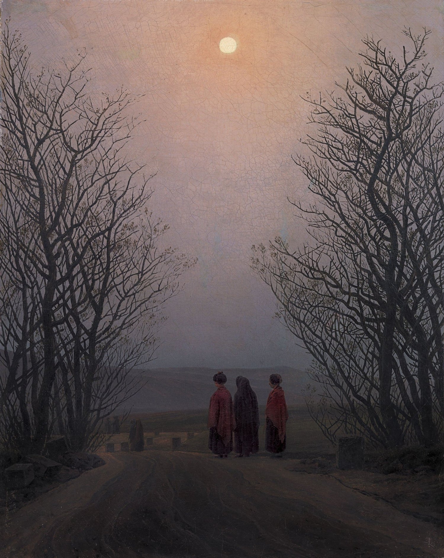 Landscape Oil Painting - Dusk Moonlit Rural Path with Three Figures - Oil Painting Haven