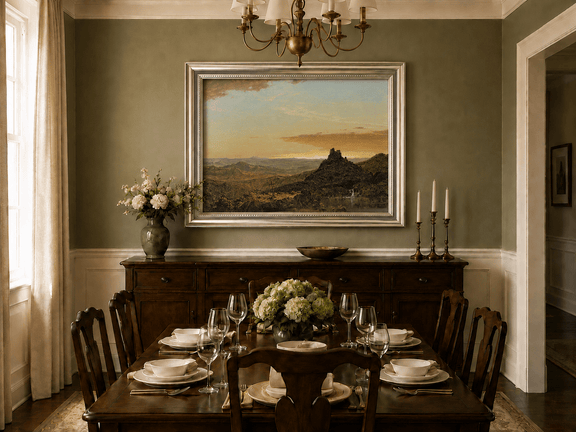 Solitary mountain peak at dusk oil landscape artwork shown in a styled home interior.