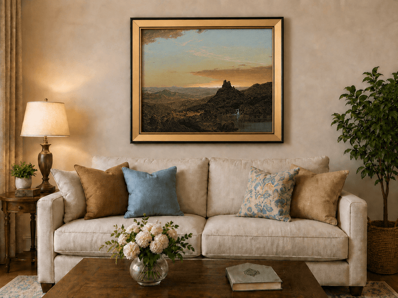 Dusk mountain with solitary peak landscape oil painting displayed in a styled home interior.