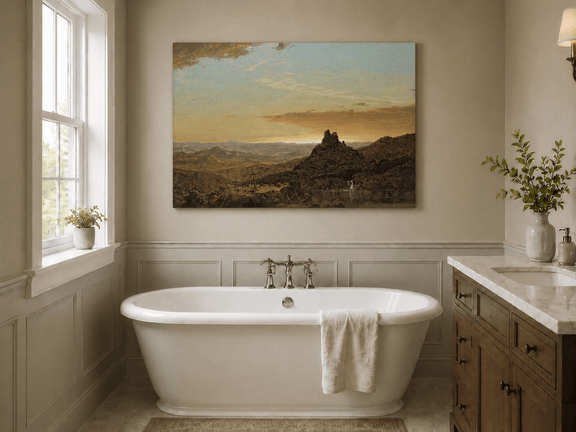 Dusk mountain with solitary peak landscape oil painting presented as styled home decor.