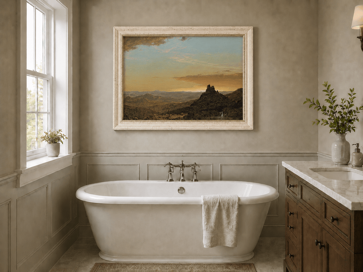 Dusk mountain landscape oil painting presented as interior home decor.