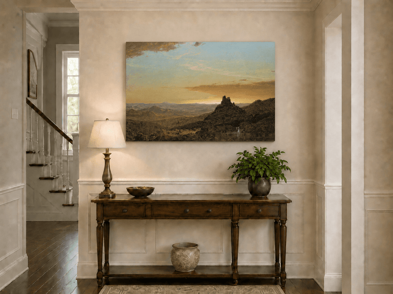 Dusk mountain landscape painting shown as decorative oil wall art.