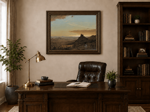 Solitary rocky peak at dusk landscape oil painting presented in an interior wall art mockup.