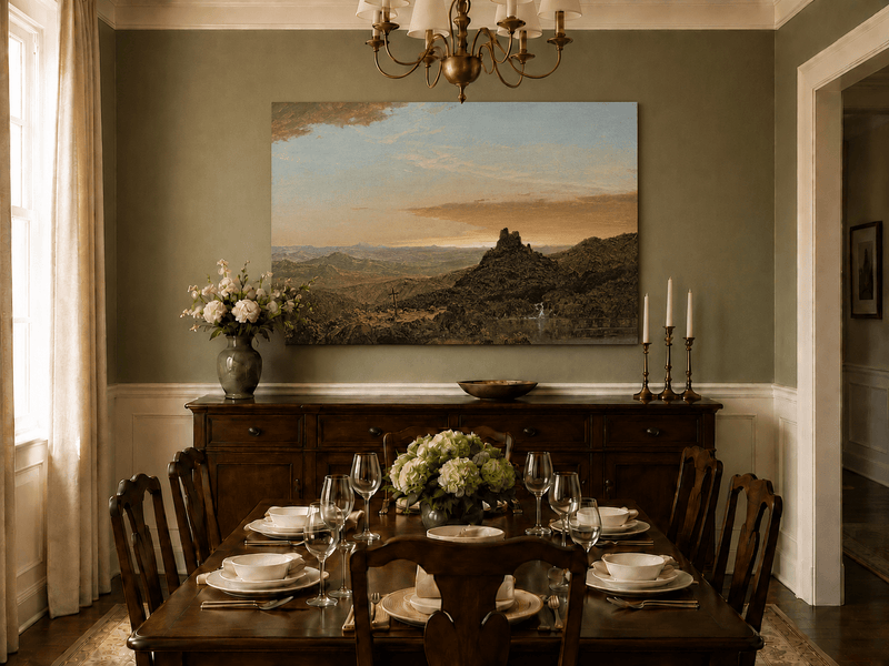 Hand-painted dusk mountain landscape artwork in an interior display.