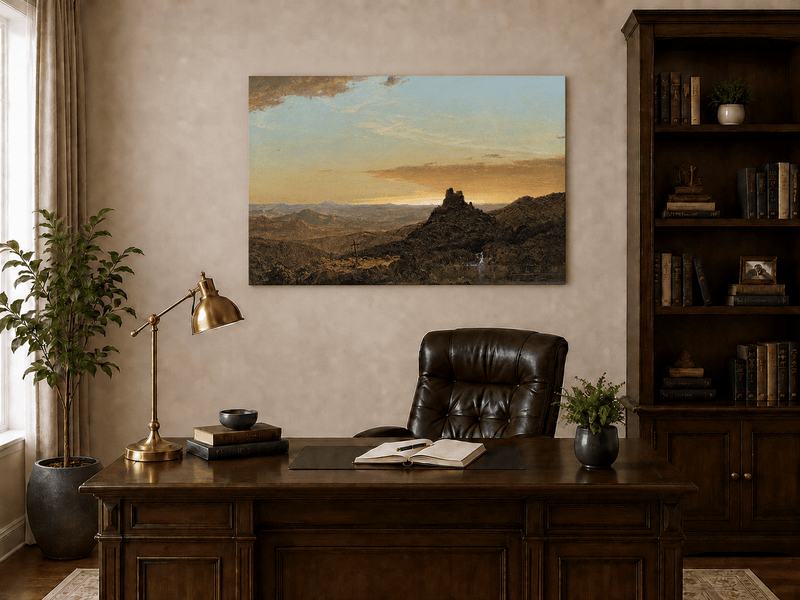 Interior wall art view featuring a dusk mountain and solitary peak oil painting.