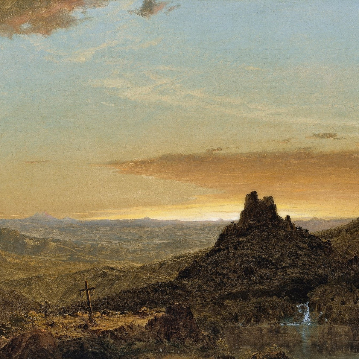 Landscape Oil Painting - Dusk mountain & olitary peak, small cross - Oil Painting Haven