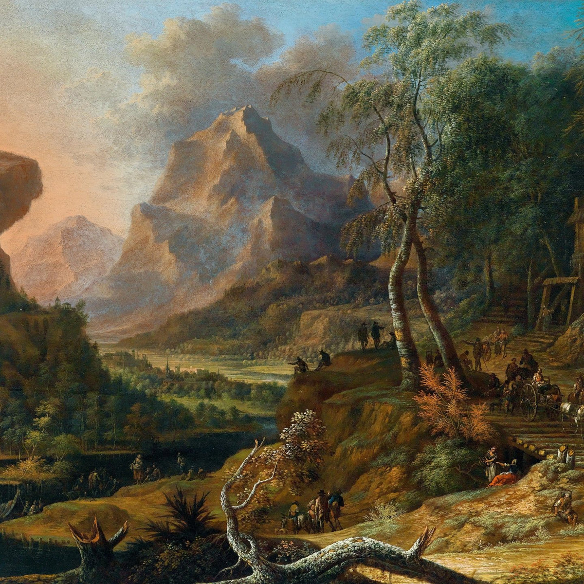 Landscape Oil Painting - Dusk Mountain Valley & Travelers with Livestock - Oil Painting Haven