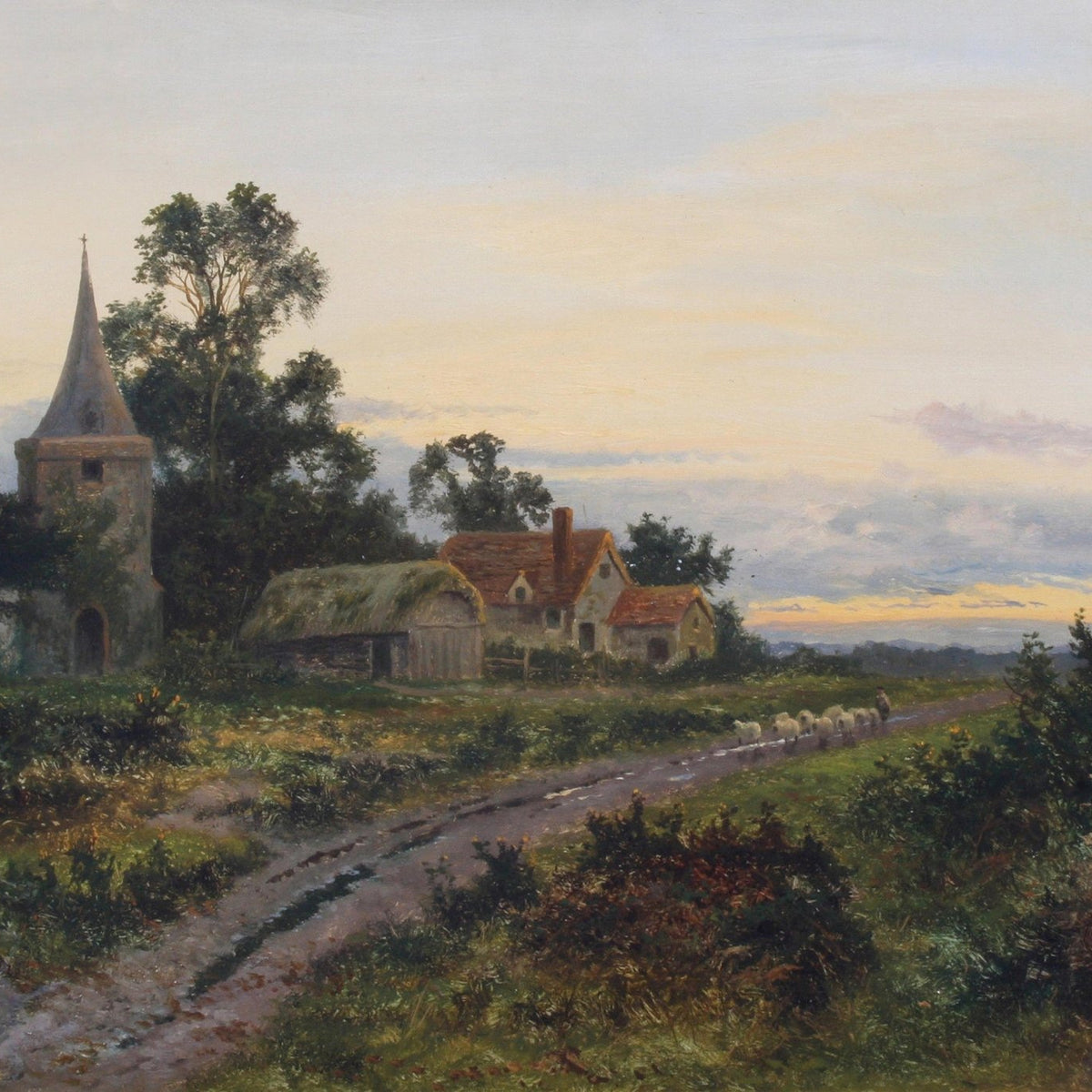 Landscape Oil Painting - Dusk rural village & church spire, cottages - Oil Painting Haven