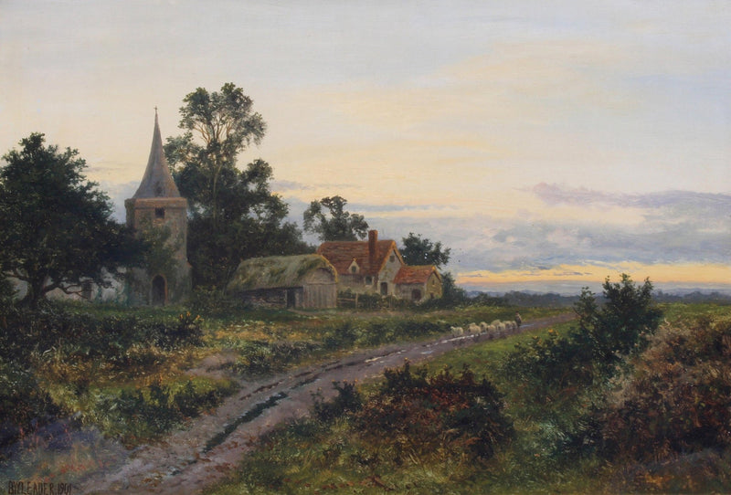 Landscape Oil Painting - Dusk rural village & church spire, cottages - Oil Painting Haven