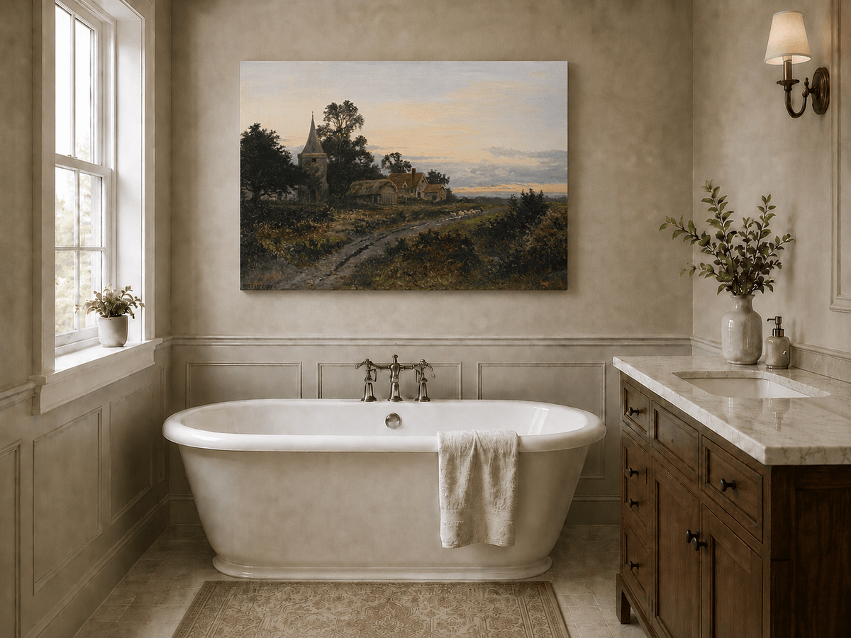 Peinture à l'huile de paysage - Village rural et clocher au crépuscule