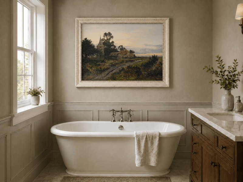 Peinture à l'huile de paysage - Village rural et clocher au crépuscule