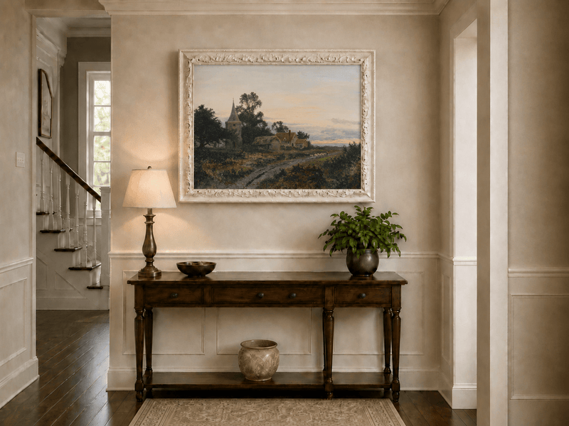 Peinture à l'huile de paysage - Village rural et clocher au crépuscule