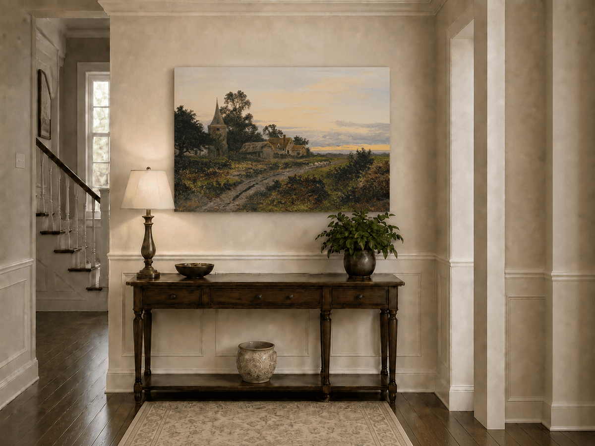 Peinture à l'huile de paysage - Village rural et clocher au crépuscule