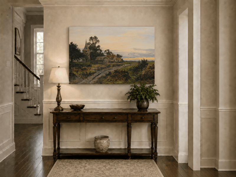 Peinture à l'huile de paysage - Village rural et clocher au crépuscule