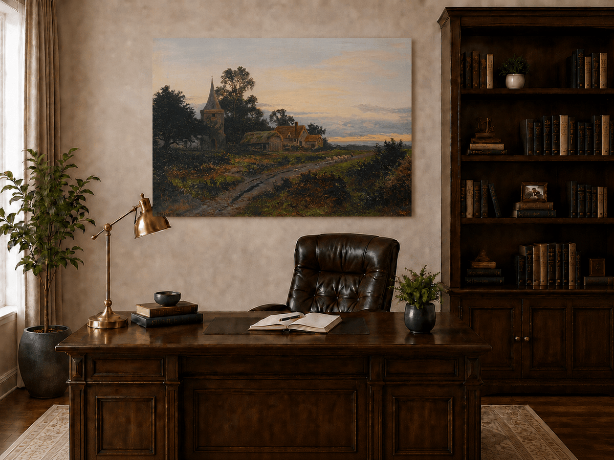 Peinture à l'huile de paysage - Village rural et clocher au crépuscule