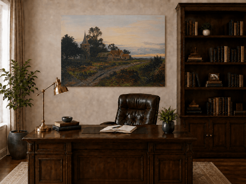 Peinture à l'huile de paysage - Village rural et clocher au crépuscule