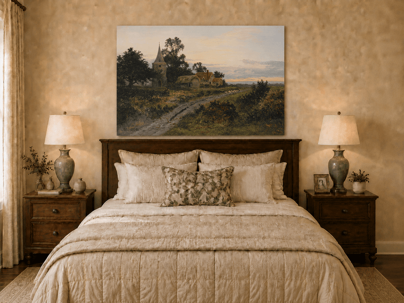 Peinture à l'huile de paysage - Village rural et clocher au crépuscule