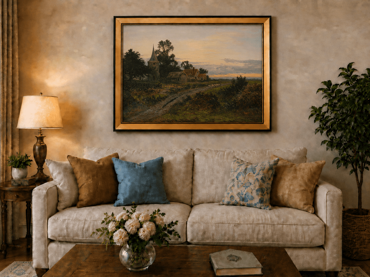Peinture à l'huile de paysage - Village rural et clocher au crépuscule