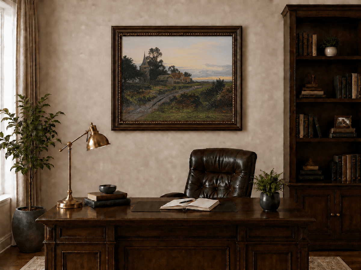 Peinture à l'huile de paysage - Village rural et clocher au crépuscule
