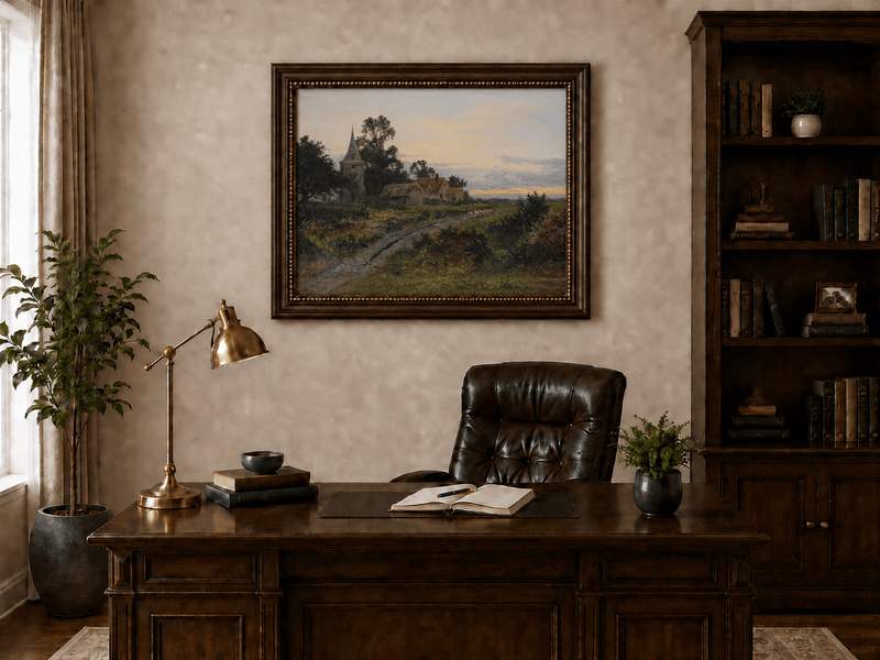 Peinture à l'huile de paysage - Village rural et clocher au crépuscule