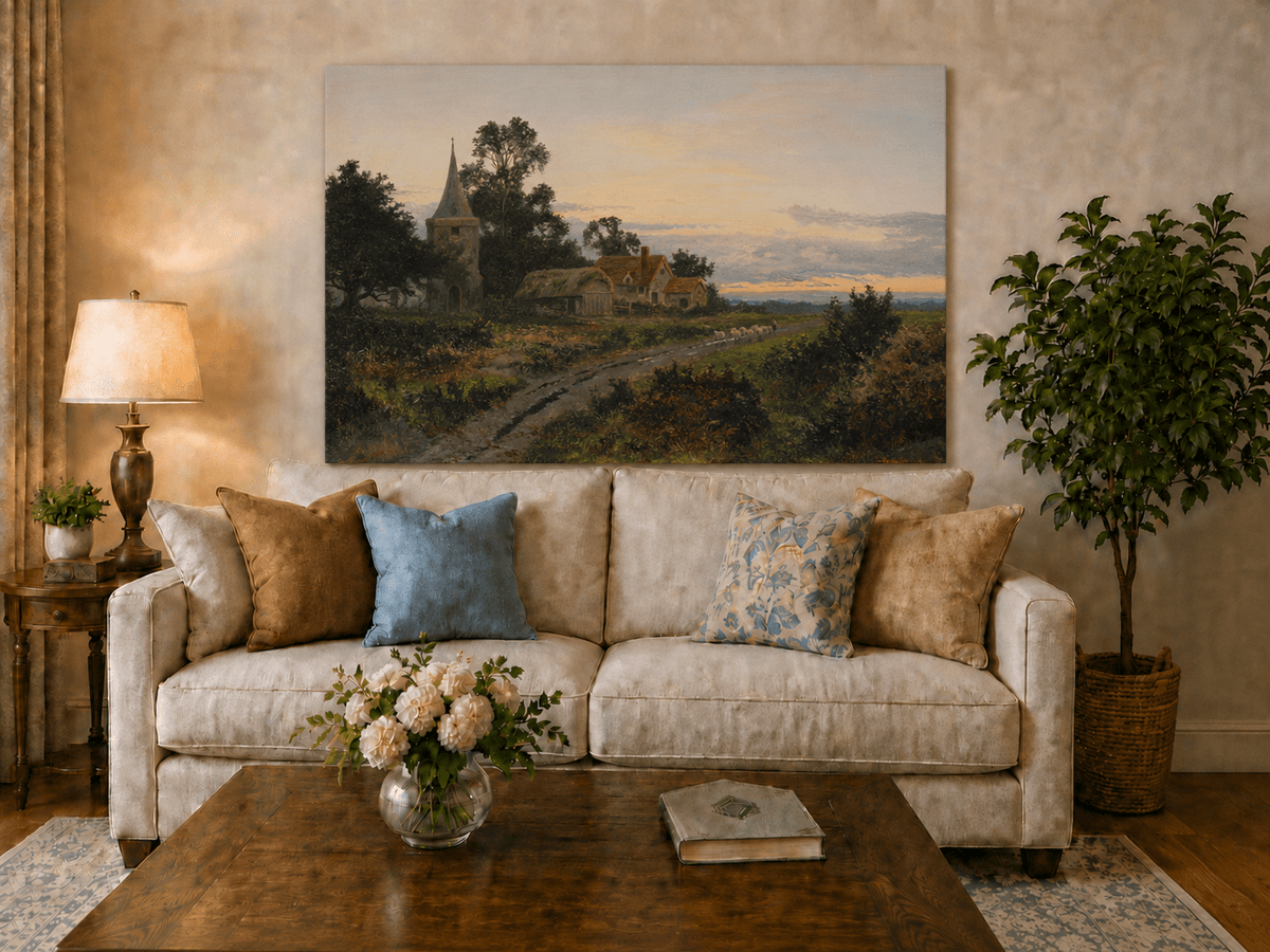Peinture à l'huile de paysage - Village rural et clocher au crépuscule
