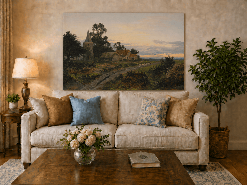 Peinture à l'huile de paysage - Village rural et clocher au crépuscule