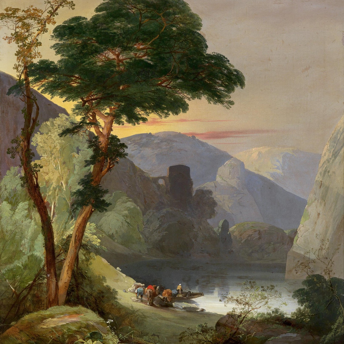 Landscape Oil Painting - Dusk Valley Lake & Figures with Pack Animals - Oil Painting Haven