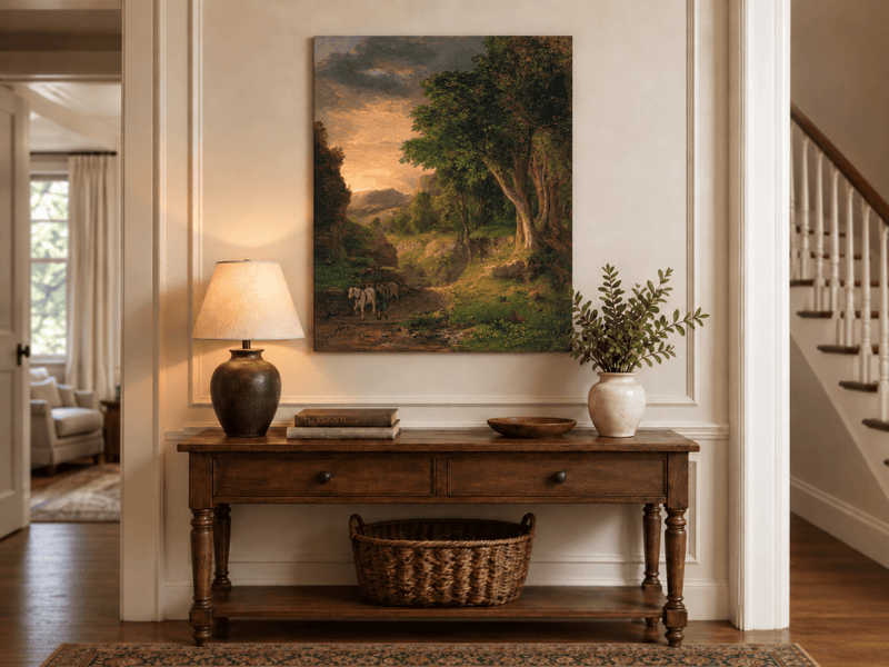Landscape Oil Painting - Dusk Valley with Groom & Horses