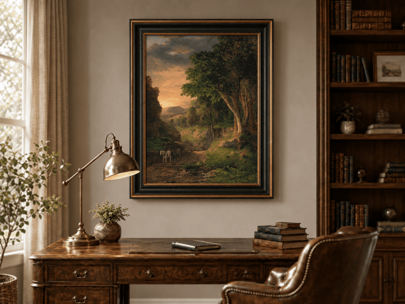 Landscape Oil Painting - Dusk Valley with Groom & Horses
